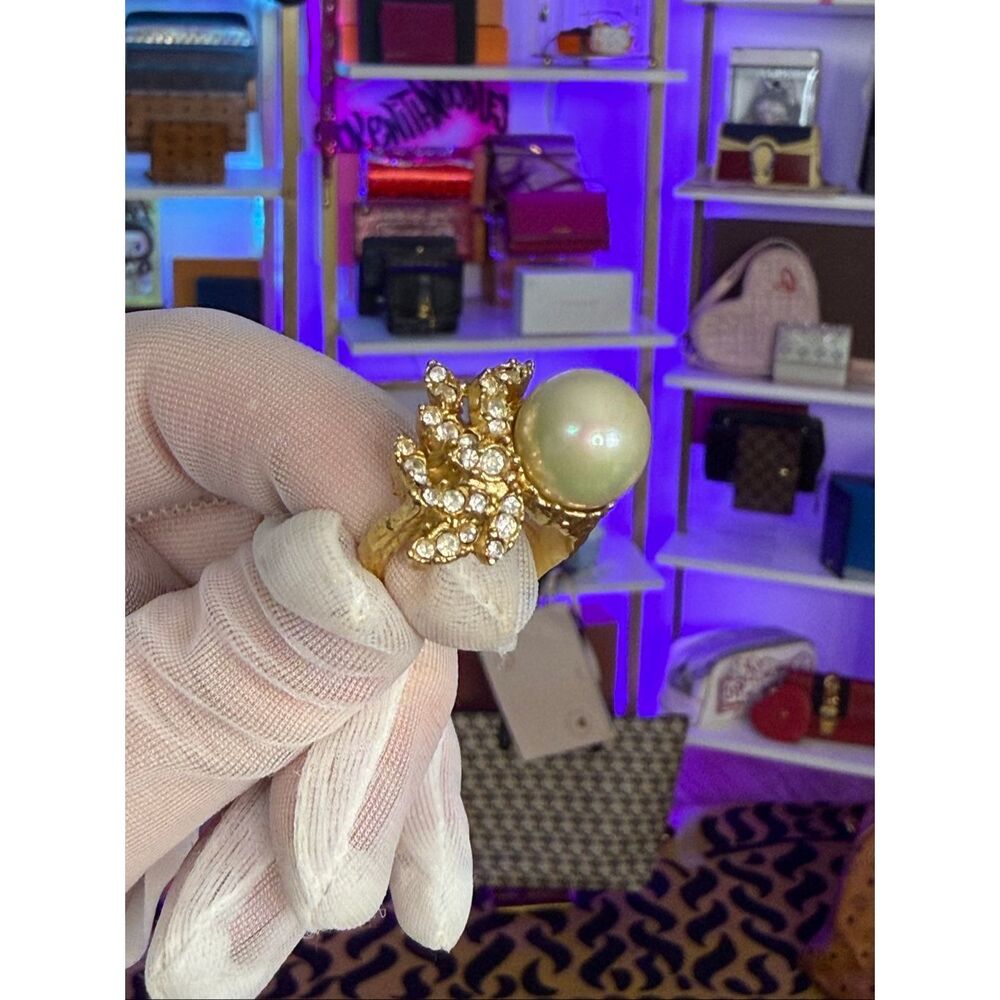 Christian Dior Unused Vintage Gold Faux Pearl Ring Size 6.5 Made In Germany